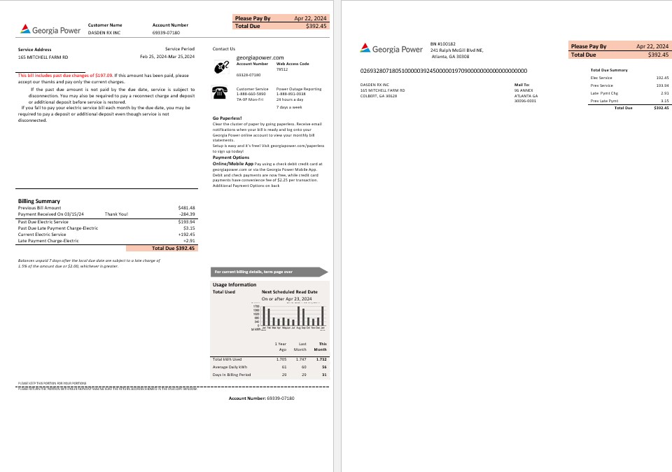 USA Georgia Power business utility new brand bill template in Word and PDF formats, fully editable